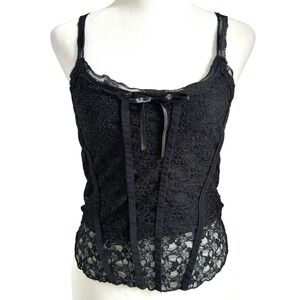Black Lace Corset Lace-Up Cami Top XS Y2K Whimsigoth Dark Coquette